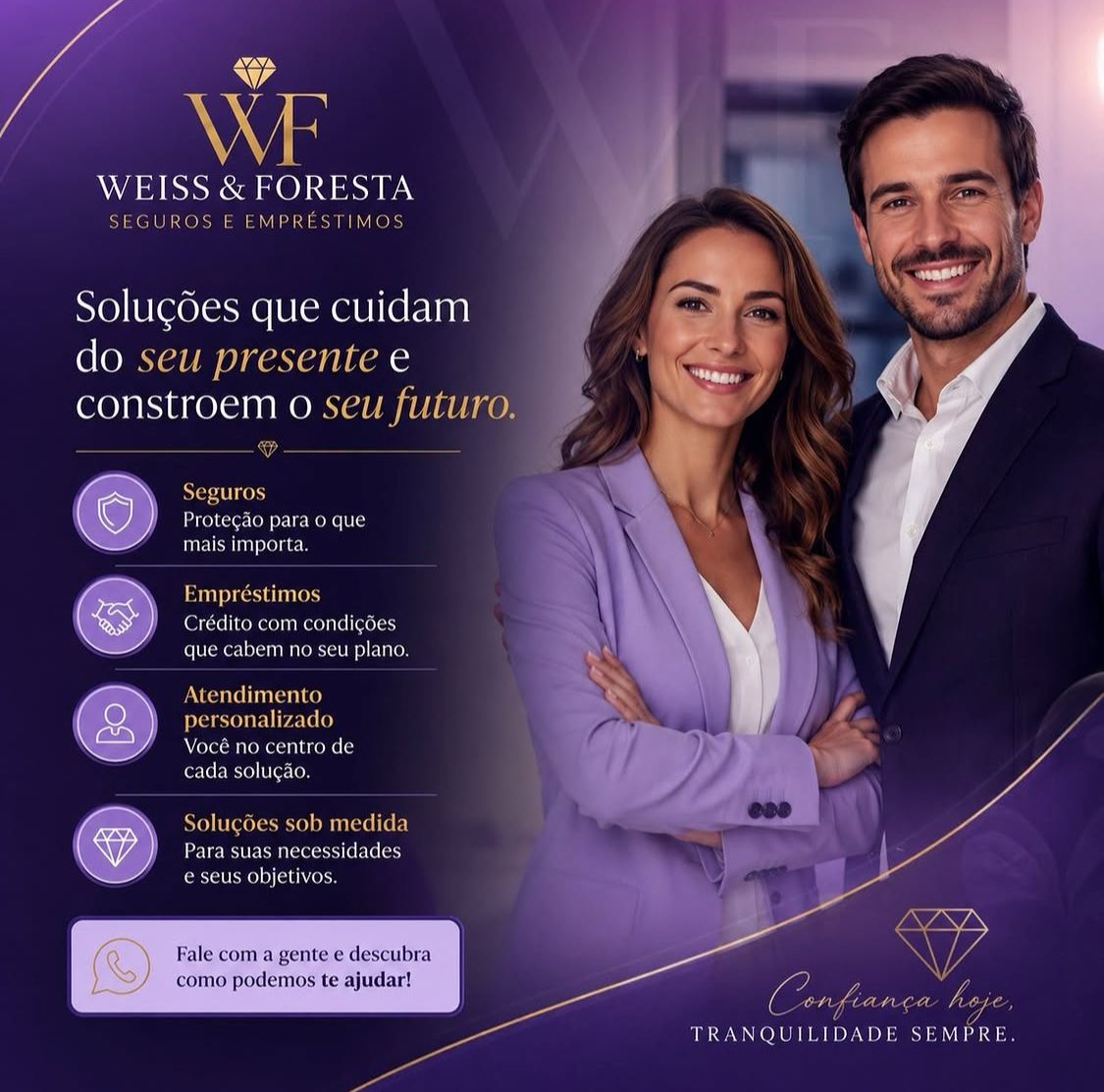 Criativo Weiss & Foresta com identidade visual roxa e dourada